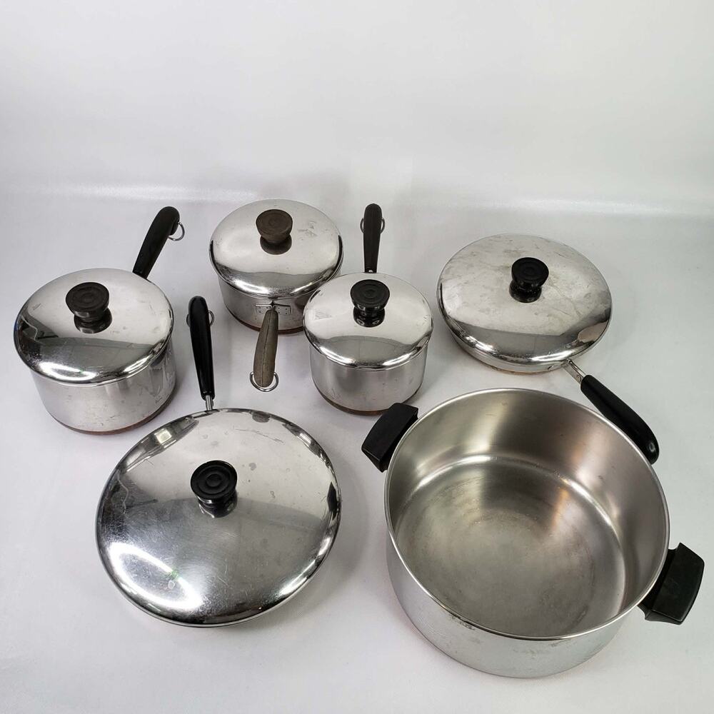 Vintage Revere Ware Copper Bottom 11 Piece Set Pots Pans Stock Skillet Lids